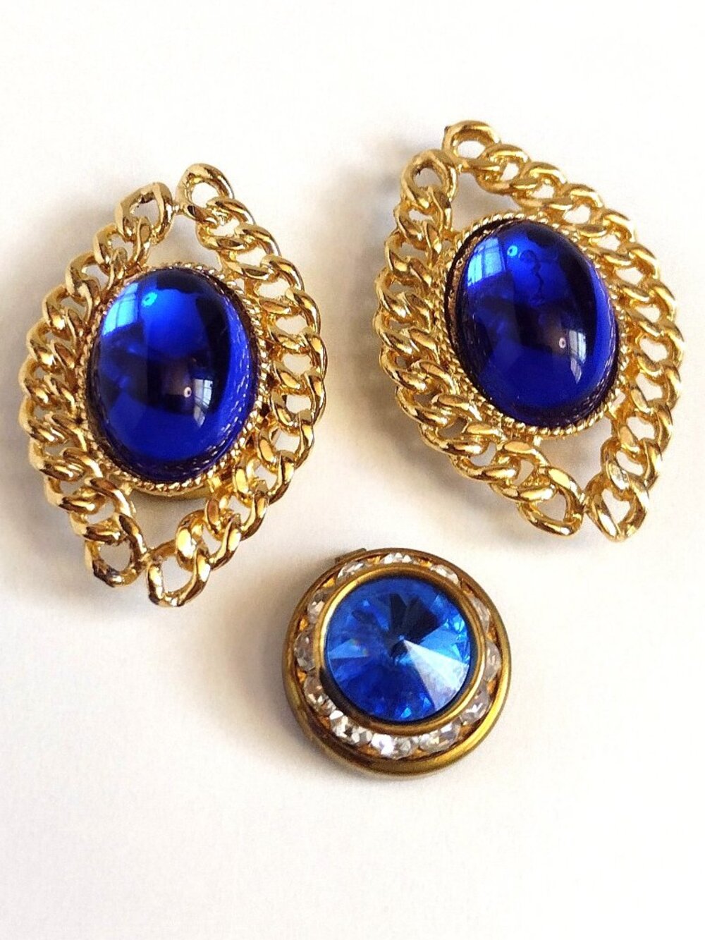 Vintage Metal Button Covers Goldtone Bezel Blue Cabochon Clear Rhinestone round